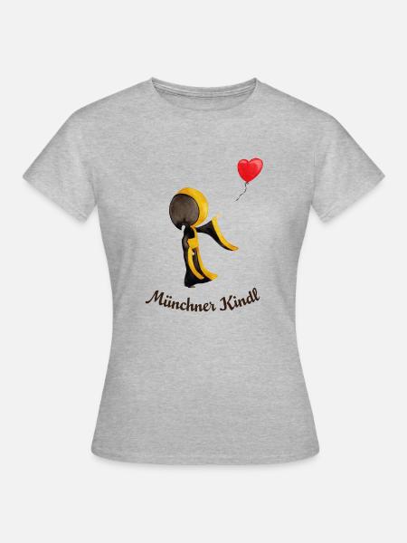 Münchner Kindl mit Herz-Luftballon und Text dunkel - Frauen T-Shirt - Grau meliert