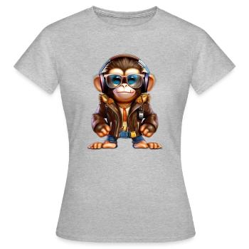 affe mit Leder Jacke - Frauen T-Shirt - Grau meliert - Vorne - AI Model Female 172 dark (172cm)