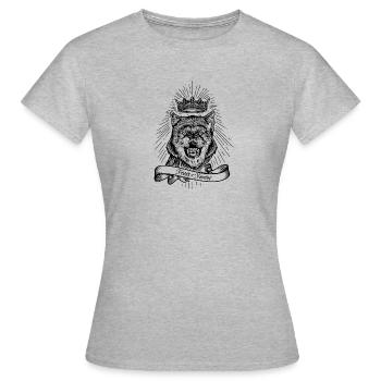 "Fête ou famine" loup couronné - T-shirt Femme - gris chiné - Devant - AI Model Female 172 dark (172cm)