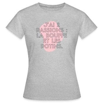 Humour girls 2 passions : bouffe et potins - T-shirt Femme - gris chiné - Devant - AI Model Female 172 dark (172cm)