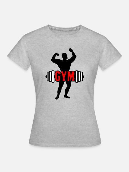 Roter Text "GYM" über Bodybuilder - Frauen T-Shirt - Grau meliert