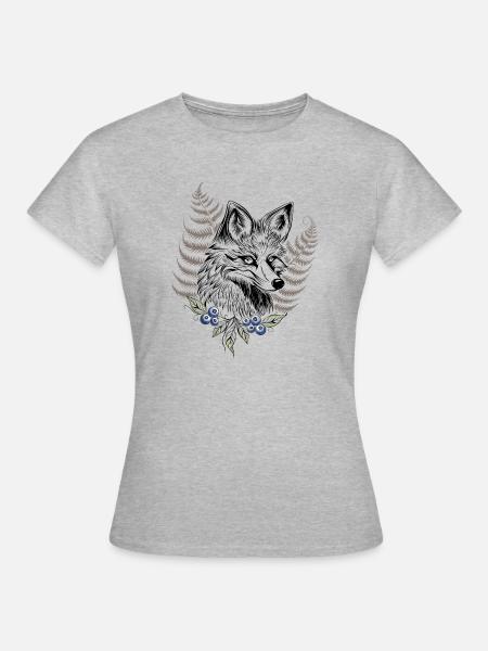 Fuchs mit Farn und Blaubeeren - Frauen T-Shirt - Grau meliert