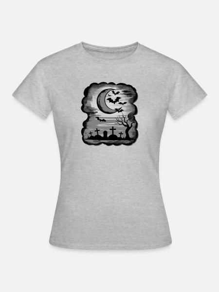 monochrom Mondnacht über Gräber – Fledermaus-Szene - Frauen T-Shirt - Grau meliert