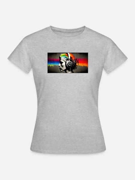 Rainbow Pulse Kopfhörer-Porträt - Frauen T-Shirt - Grau meliert