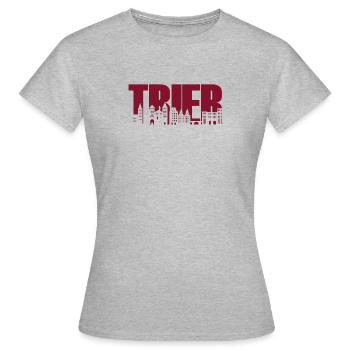 Trier - Skyline - Schrift - Mosel Rheinland-Pfalz - Frauen T-Shirt - Grau meliert - Vorne - AI Model Female 172 dark (172cm)