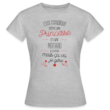 C'est compliqué d'être une Princesse et une motard - T-shirt Femme - gris chiné - Devant - AI Model Female 172 dark (172cm)