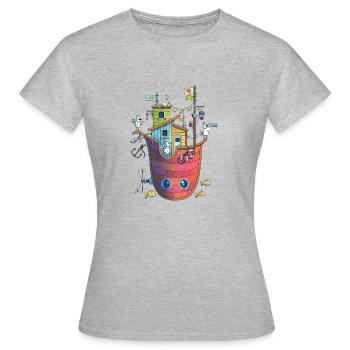 Vögel auf einem fliegenden Schiff - Frauen T-Shirt - Grau meliert - Vorne - AI Model Female 172 dark (172cm)