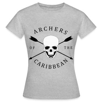 lustiges Bogenschießen Motiv mit Schädel, Pfeilen - Frauen T-Shirt - Grau meliert - Vorne - AI Model Female 172 dark (172cm)