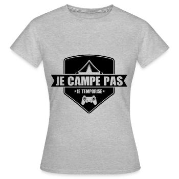 je campe pas je temporise,call of ,gamer - T-shirt Femme - gris chiné - Devant - AI Model Female 172 dark (172cm)