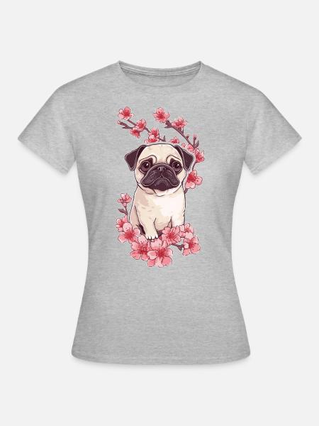 Mops mit Blüten - Frauen T-Shirt - Grau meliert
