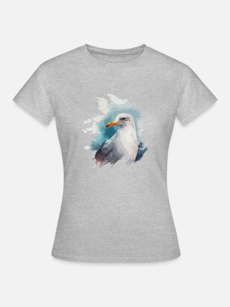 Stylische Nordsee Küste Möwe Aquarell - Frauen T-Shirt - Grau meliert