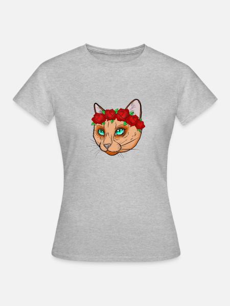 Katze Blumenkranz - Frauen T-Shirt - Grau meliert