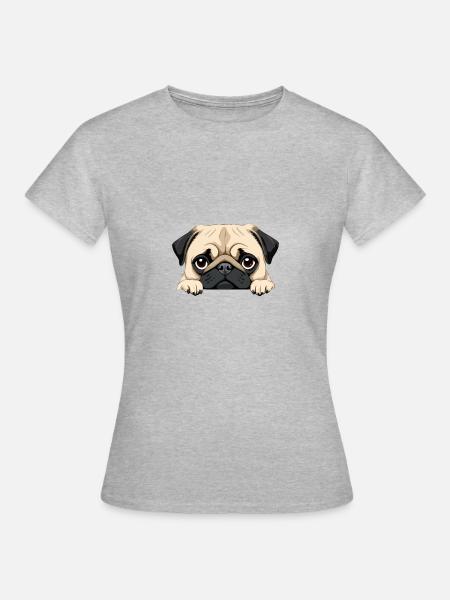 Mops Peeking Niedliche Entzückende Lustige Tier Karikatur - Frauen T-Shirt - Grau meliert