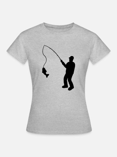 Fischer mit Angelrute und Fisch - Frauen T-Shirt - Grau meliert