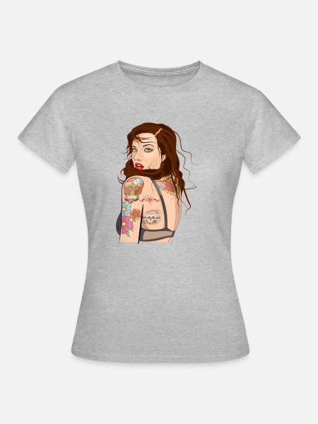Tatoo Mädchen - Frauen T-Shirt - Grau meliert