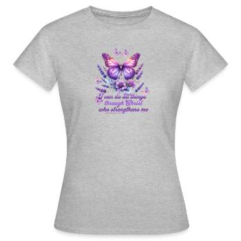 Alles durch Christus Phil 4,13 Schmetterling - Frauen T-Shirt - Grau meliert - Vorne - AI Model Female 172 dark (172cm)