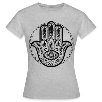 Hamsa - Hand der Fatima - Schutz und Segen - Frauen T-Shirt - Grau meliert - Vorne - AI Model Female 172 dark (172cm)