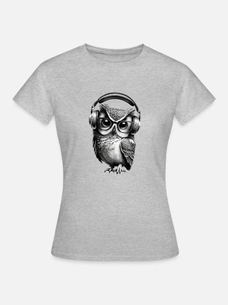Eule mit Brille und Kopfhörern - Frauen T-Shirt - Grau meliert