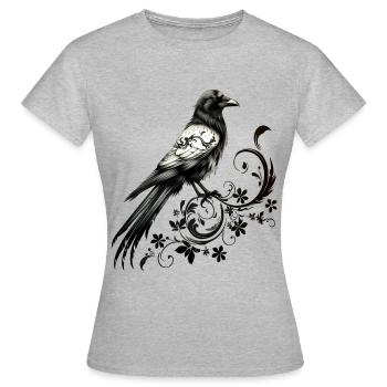 Krähe, Tribal, Rabe Vogel, Nordisch, Floral, Wicca - Frauen T-Shirt - Grau meliert - Vorne - AI Model Female 172 dark (172cm)