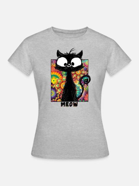Katzen Shirt Schwarze Katze Bunt Psychedelisch - Frauen T-Shirt - Grau meliert