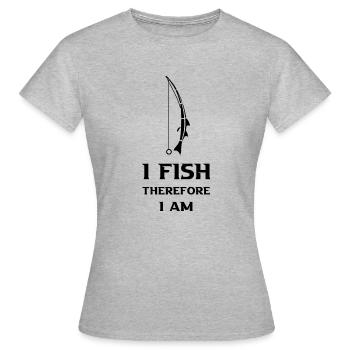 Schlankes, minimalistisches "Ich fische, also bin ich" - Frauen T-Shirt - Grau meliert - Vorne - AI Model Female 172 dark (172cm)