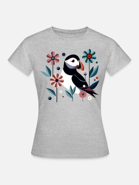 Papageitaucher mit Blumen - Frauen T-Shirt - Grau meliert