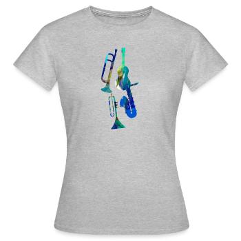 Jazz,Instruments,Trompette,Guitare,Saxophone - T-shirt Femme - gris chiné - Devant - AI Model Female 172 dark (172cm)