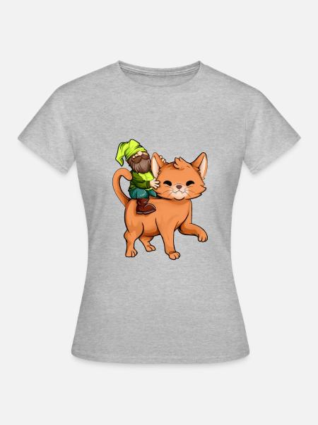 Gartenzwerg reitet Katze - Frauen T-Shirt - Grau meliert