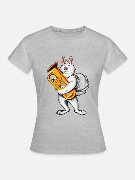 Cartoon Wolf spielt Euphonium - Frauen T-Shirt - Grau meliert