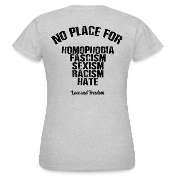 Homophobie fascisme sexisme - T-shirt Femme - gris chiné - Dos - AI Model Female 172 dark (172cm)