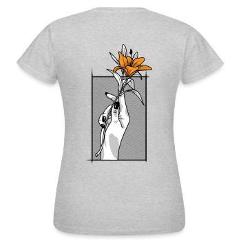 Hand mit Lilie | Orange - Frauen T-Shirt - Grau meliert - Hinten - AI Model Female 172 dark (172cm)