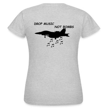 DROP MUSIC NOT BOMBS Flugzeug mit Musiknoten - Frauen T-Shirt - Grau meliert - Hinten - AI Model Female 172 dark (172cm)