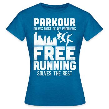 Parkour Free Running Traceur - T-shirt Femme - bleu saphir antique chiné - Devant - AI Model Female 172 dark (172cm)