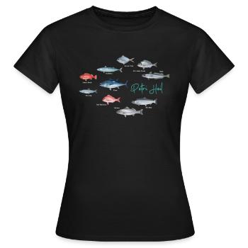 Pêcher design avec différentes espèces de poissons de Petri Heil - T-shirt Femme - noir - Devant - AI Model Female 172 dark (172cm)