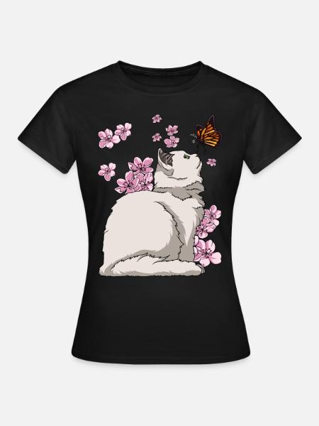 Chat japonais en fleurs de cerisier - T-shirt Femme - noir