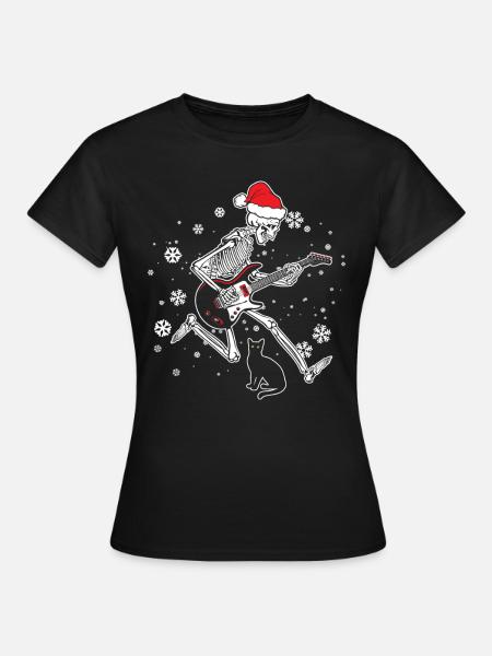 Skelett spielt E-Gitarre Katze Weihnachtsmütze - Frauen T-Shirt - Schwarz