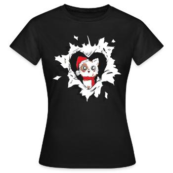 Cat with Christmas hat looks out of torn - Women's T-Shirt - black - Front - AI Model Female 172 dark (172cm)