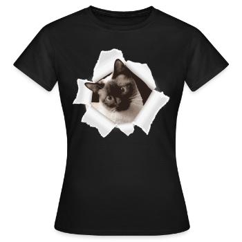 Cute kitten looks out of a hole - Women's T-Shirt - black - Front - AI Model Female 172 dark (172cm)