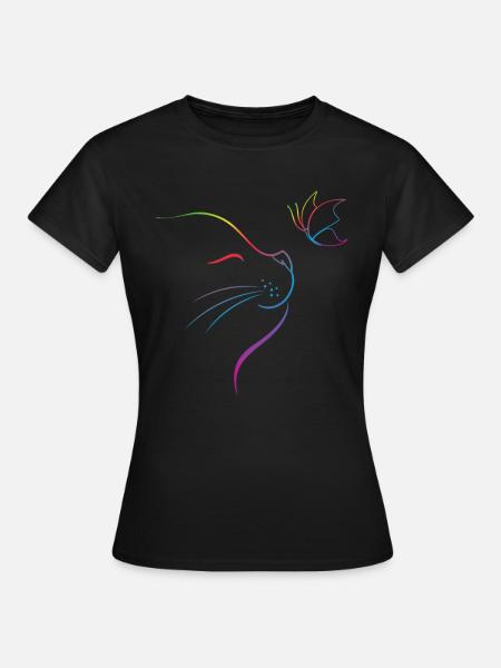 Katze mit Schmetterling - Frauen T-Shirt - Schwarz