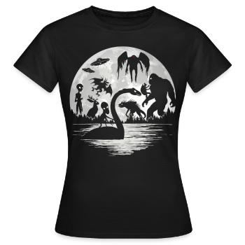 Bigfoot Mothman Jersey Devil Alien Cryptides - T-shirt Femme - noir - Devant - AI Model Female 172 dark (172cm)