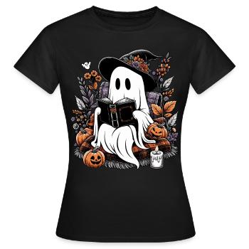 spöke, läsa, böcker, pumpa, halloween - T-shirt dam - svart - Fram - AI Model Female 172 dark (172cm)