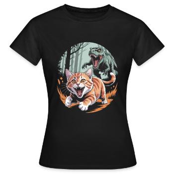 Cat runs away from dinosaur - Women's T-Shirt - black - Front - AI Model Female 172 dark (172cm)