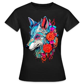 Wolf mit Blumen Mädchen - Frauen T-Shirt - Schwarz - Vorne - AI Model Female 172 dark (172cm)