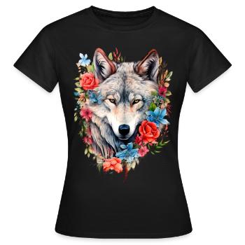 Wolf mit Blumen Mädchen - Frauen T-Shirt - Schwarz - Vorne - AI Model Female 172 dark (172cm)