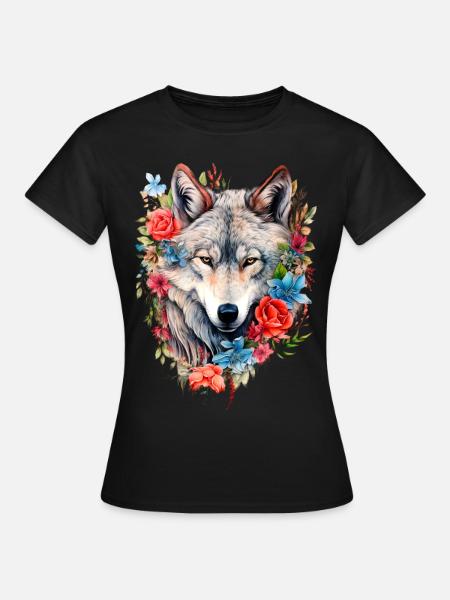 Wolf mit Blumen Mädchen - Frauen T-Shirt - Schwarz