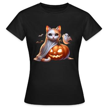 Halloween Katze Kuerbis Gespenst - Frauen T-Shirt - Schwarz - Vorne - AI Model Female 172 dark (172cm)