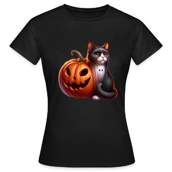 süße Halloween Katze mit Kuerbis - Frauen T-Shirt - Schwarz - Vorne - AI Model Female 172 dark (172cm)