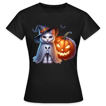 Katze mit Hexen Hut Kuerbis Halloween - Frauen T-Shirt - Schwarz - Vorne - AI Model Female 172 dark (172cm)