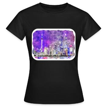 Shanghai China Aquarellskizze gezeichnete Zeichnung - Frauen T-Shirt - Schwarz - Vorne - AI Model Female 172 dark (172cm)