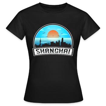 Shanghai China Skyline Vintage Sunset Travel Souve - Frauen T-Shirt - Schwarz - Vorne - AI Model Female 172 dark (172cm)